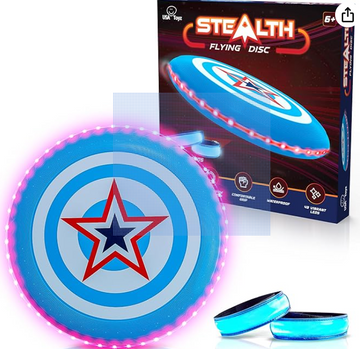 USA Toyz Stealth LED Flying Disc- Light Up Disc for Adults and Kids, 49 LEDs Glow in The Dark Disk, 2 LED Arm Bands, Sport Golf Ultimate Disc Outdoor Game Set, Waterproof Glow Hover Discs (Red/Blue)